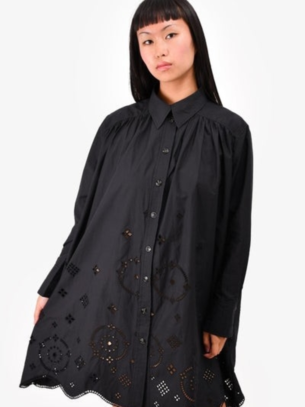 Ganni Black Button-Front Eyelet Shirt Dress Sz 38